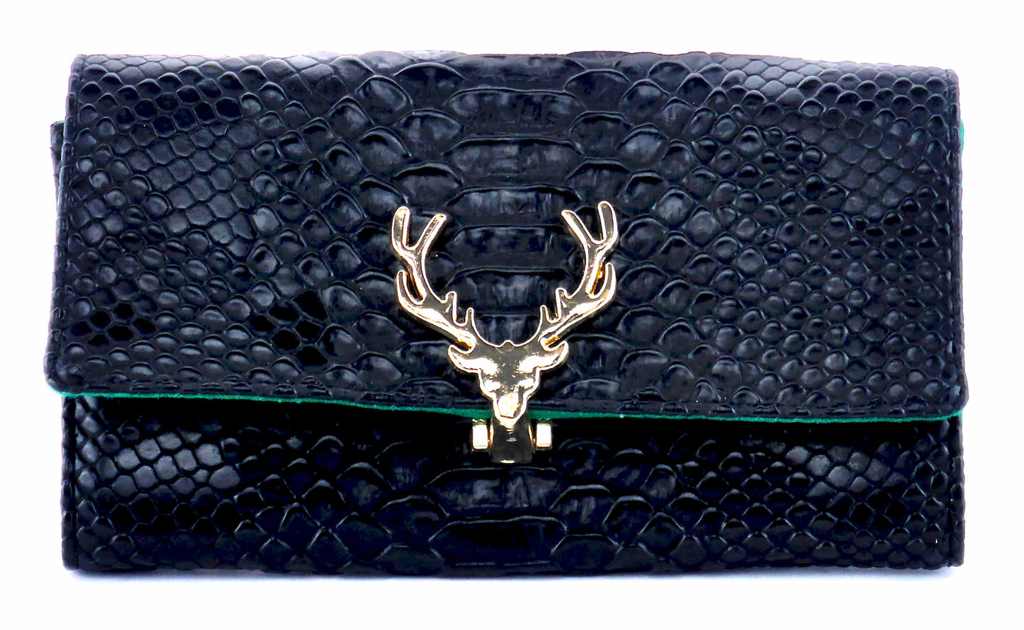 Geldboerse "Hirsch" in schwarz Kroko-Optik mit Clipverschluss in Form eines Hirsch-Geweih