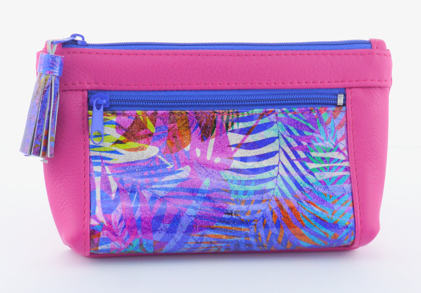 Schmink-Tasche "Rainbox-Pink" Farbe pink und blau mit Quaste
