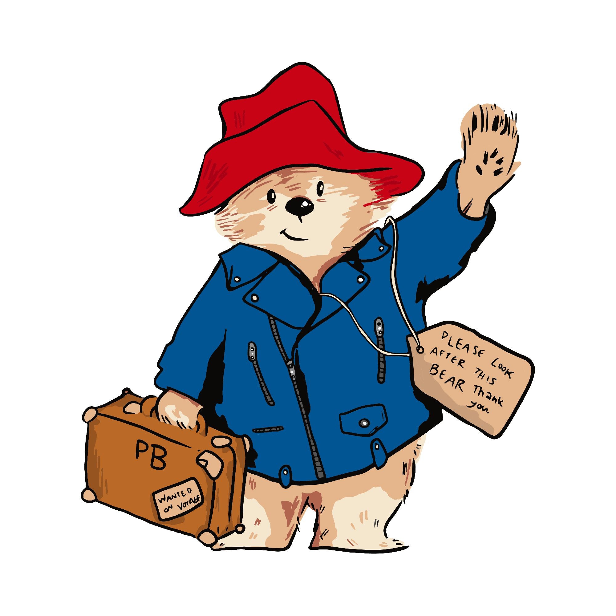 Zeichnung von Paddington mit rotem Hut, blauer Jacke. Er traegt einen Koffer & winkt. Close-up