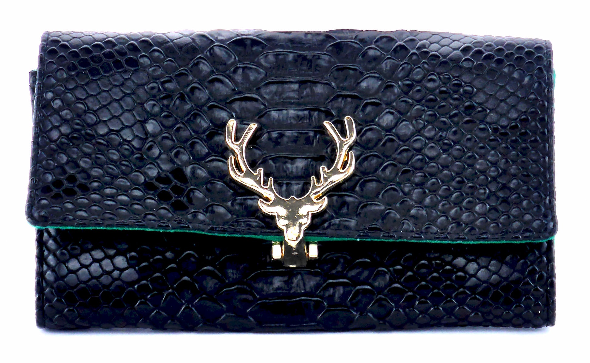Geldboerse "Hirsch" in schwarz  Kroko-Optik mit Clipverschluss in Form eines Hirsch-Geweih