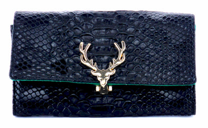 Geldboerse "Hirsch" in schwarz  Kroko-Optik mit Clipverschluss in Form eines Hirsch-Geweih