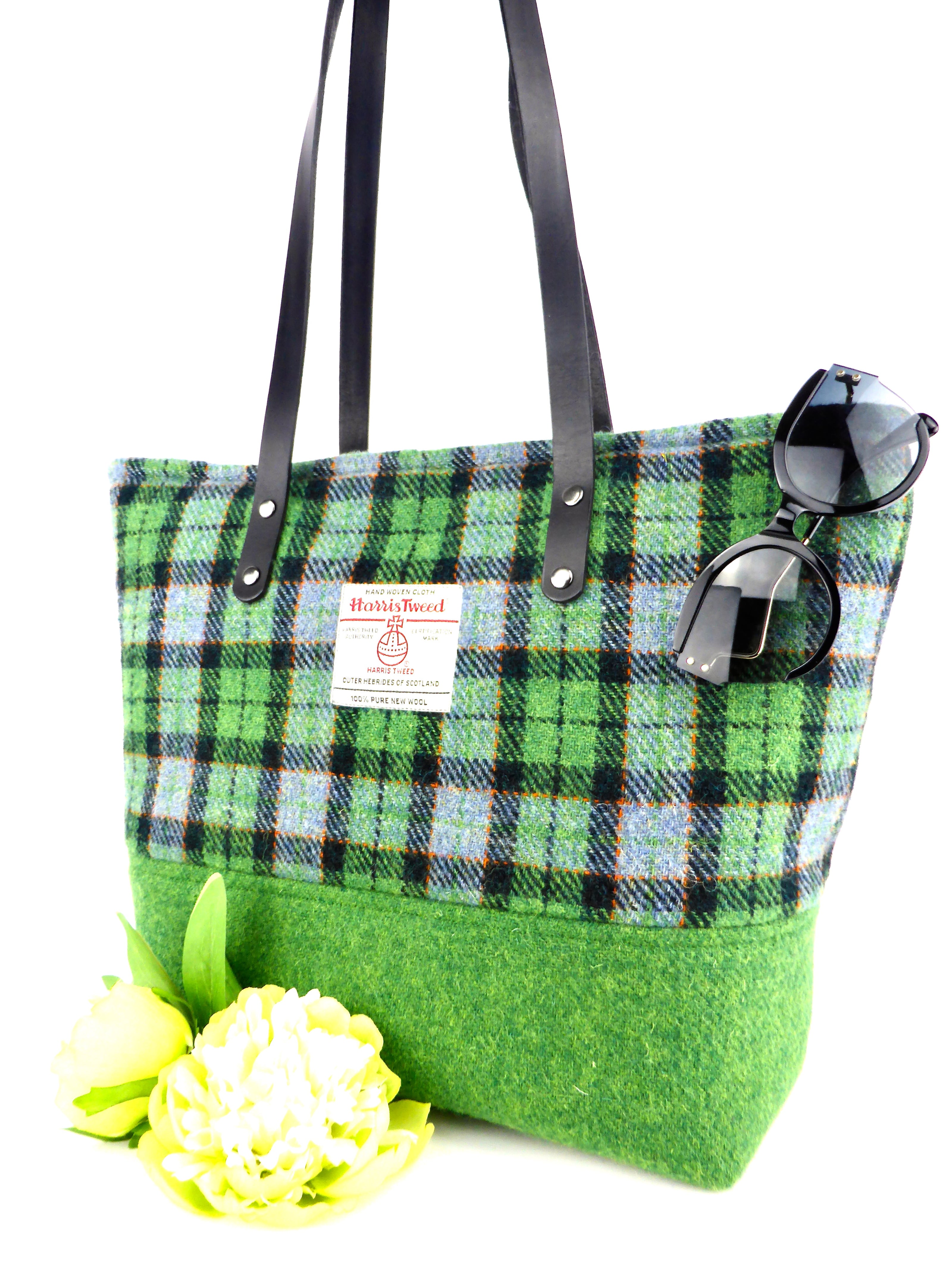 Harris-Tweed Shopper Tasche in gruen-kariert mit Schulterriemen in schwarz