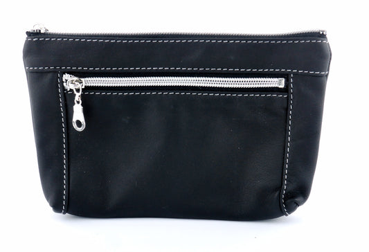 Schmink-Tasche aus Leder schwarz und Aussenfach mit Reissverschluss