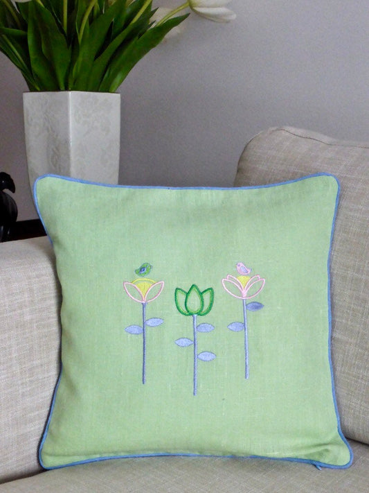Kissenbezug "Blumen" - mintgruen mit Stickerei